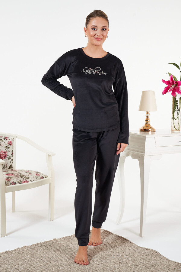 Women's Velvet Print Pajama Set 25382 Black - Thumbnail