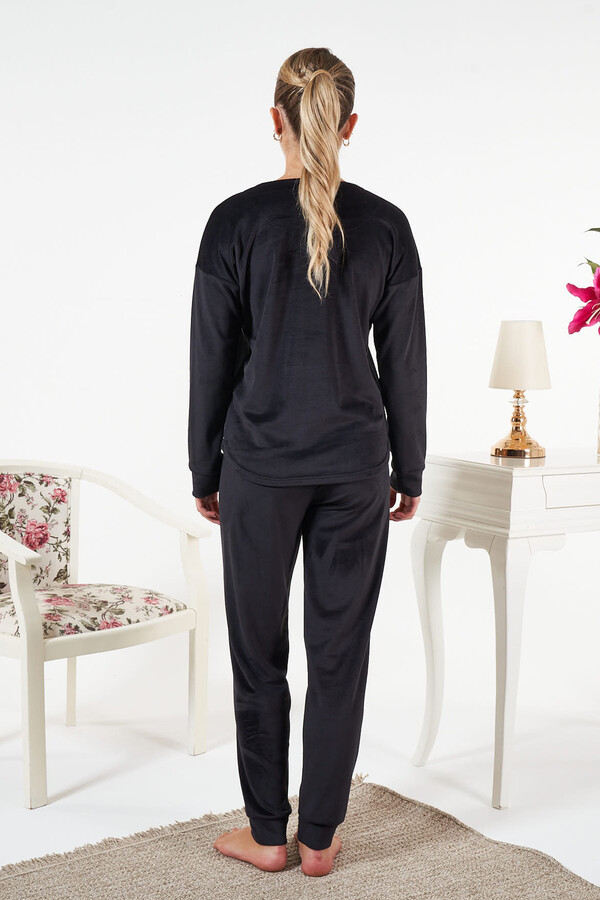 Women's Velvet Print Pajama Set 25382 Black - Thumbnail