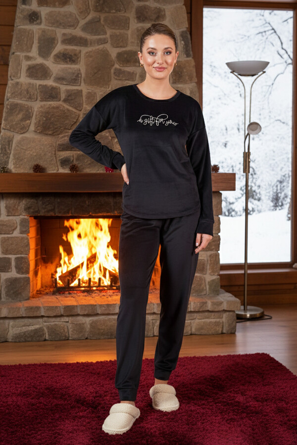 Women's Velvet Print Pajama Set 25382 Black - Thumbnail