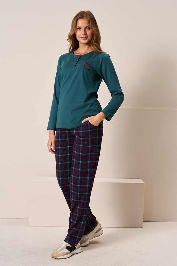 Women's Viscose Long Sleeve Pajama Set 3196 Emerald - Thumbnail