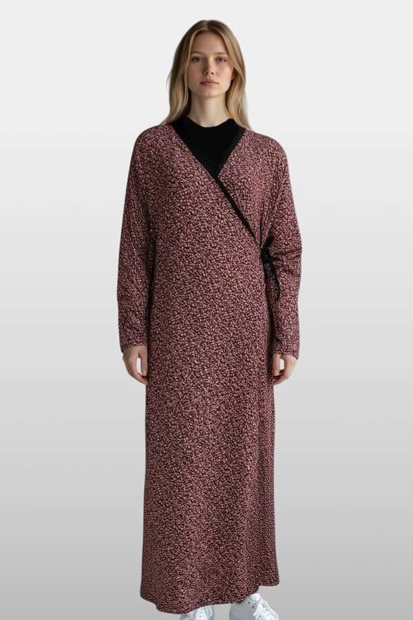 Women's Viscose Modest Dress in Burgundy - Thumbnail