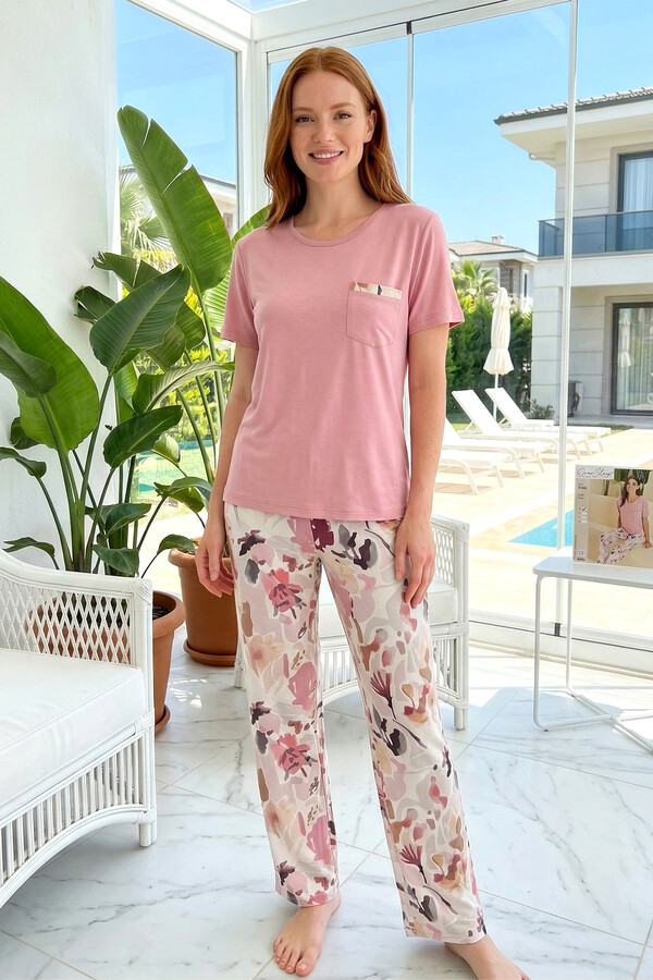 Women's Viscose Short Sleeve Pajama Set 3348 Pink02 - Thumbnail
