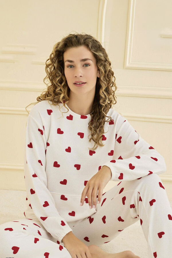 Women's Waffle Knit Heart Pattern Pajama Set Ekru - Thumbnail