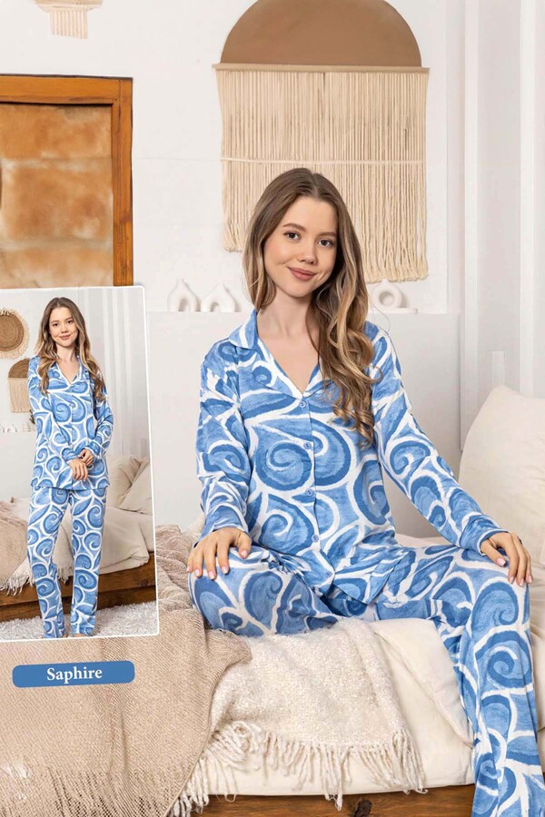 Women's Wind Pattern Button-Up Sapphire Pajama Set 0375 Blue - Thumbnail