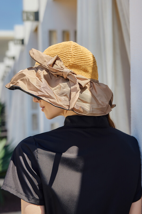 Woven and Fabric Detailed Sun Protection Beach Hat - Thumbnail