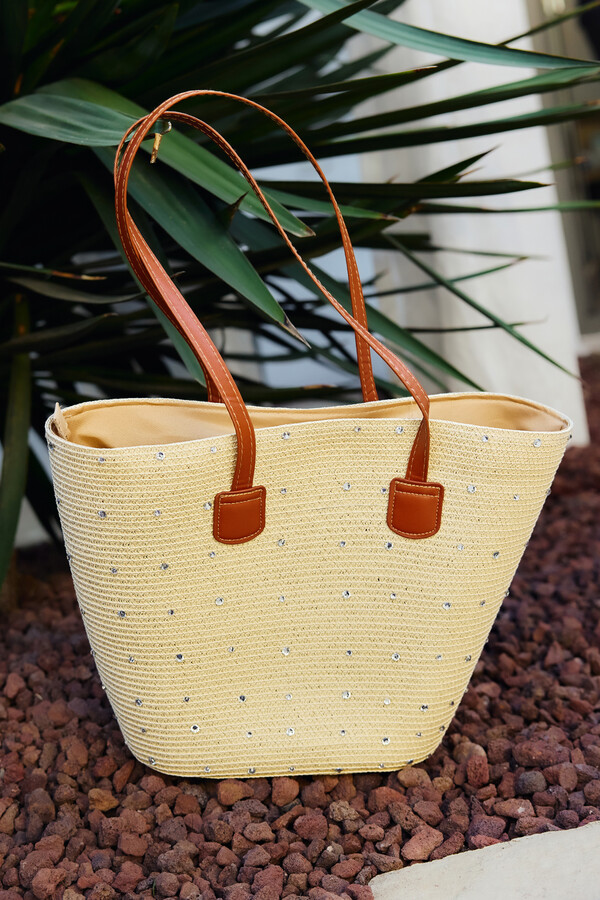 Woven Straw Beach Tote Bag Beige - Thumbnail