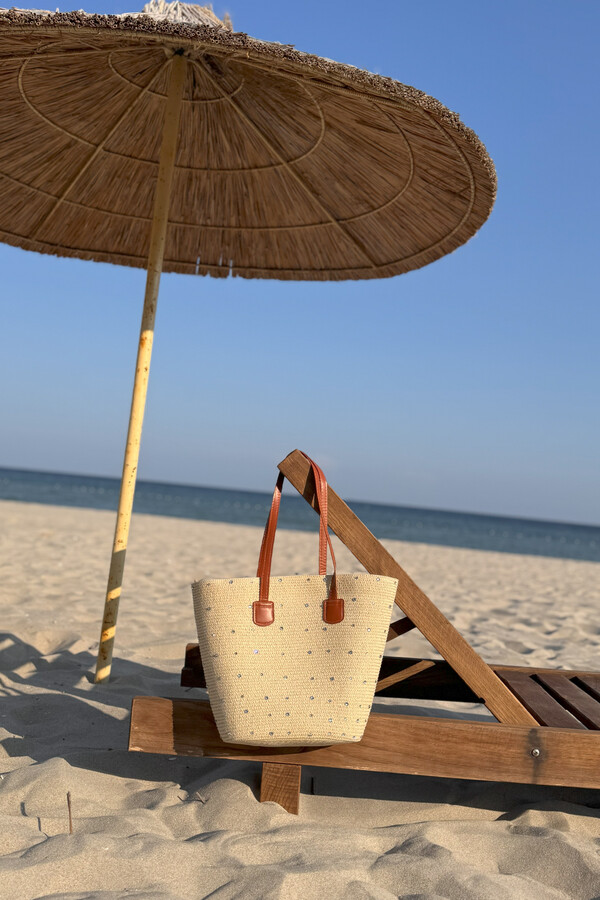 Woven Straw Beach Tote Bag Beige - Thumbnail