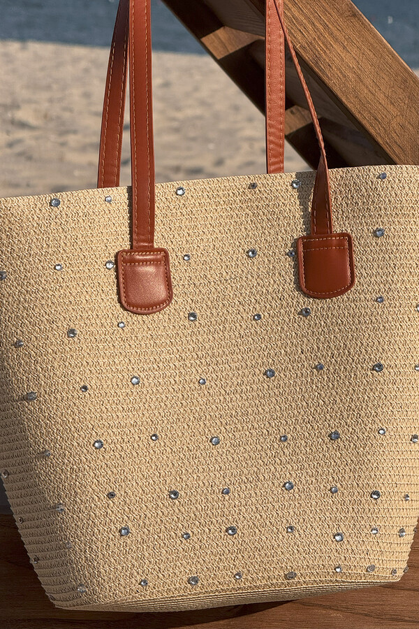 Woven Straw Beach Tote Bag Beige - Thumbnail