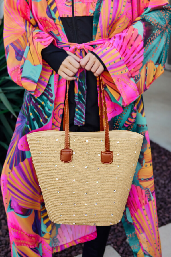 Woven Straw Beach Tote Bag Beige - Thumbnail