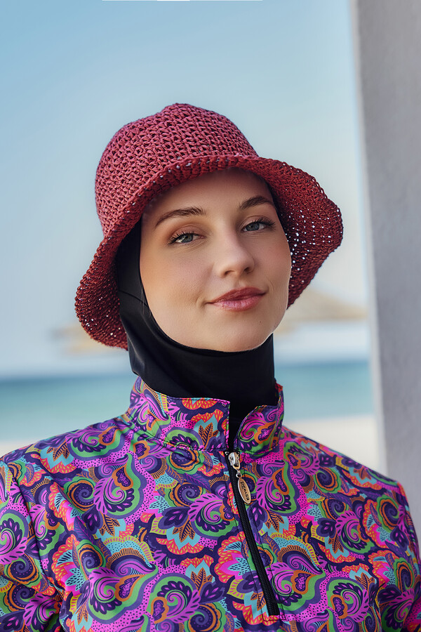 Woven Straw Hat RS-83 in Burgundy - Thumbnail