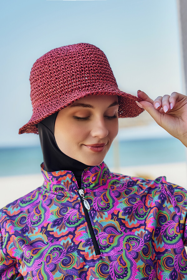 Woven Straw Hat RS-83 in Burgundy - Thumbnail