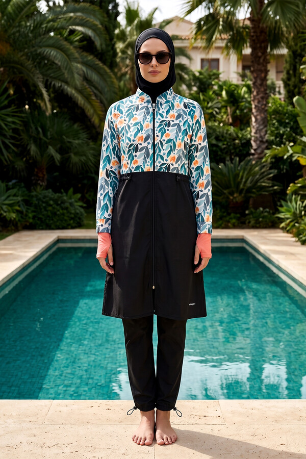 Yaprak Desenli Paraşüt Tam Kapalı Tesettür Mayo 2322 Pera Yeşil - Thumbnail