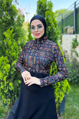 Remsa Mayo - Yarım Fermuarlı Likralı Tam Kapalı Mayo 3lü set R4507 Çiçek Tema