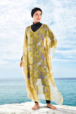 Adasea - Yellow Patterned Chiffon Pareo Kaftan Cover-up 1705