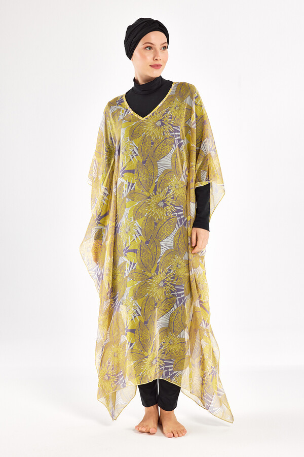 Yellow Patterned Chiffon Pareo Kaftan Cover-up 1705 - Thumbnail