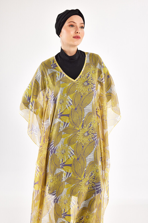 Yellow Patterned Chiffon Pareo Kaftan Cover-up 1705 - Thumbnail