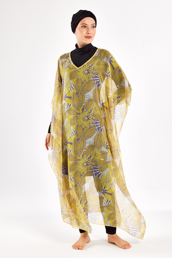 Yellow Patterned Chiffon Pareo Kaftan Cover-up 1705 - Thumbnail