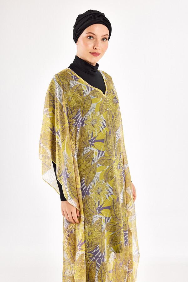 Yellow Patterned Chiffon Pareo Kaftan Cover-up 1705 - Thumbnail