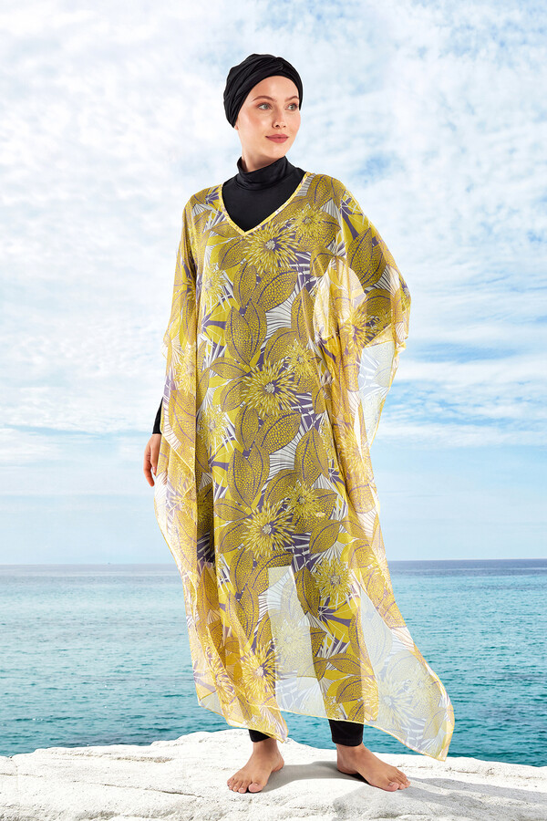 Yellow Patterned Chiffon Pareo Kaftan Cover-up 1705 - Thumbnail