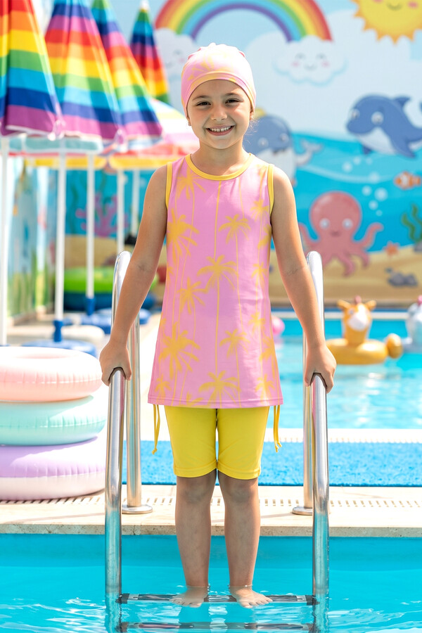 Yellow and Pink Patterned Three-Piece Swimwear Set - Thumbnail