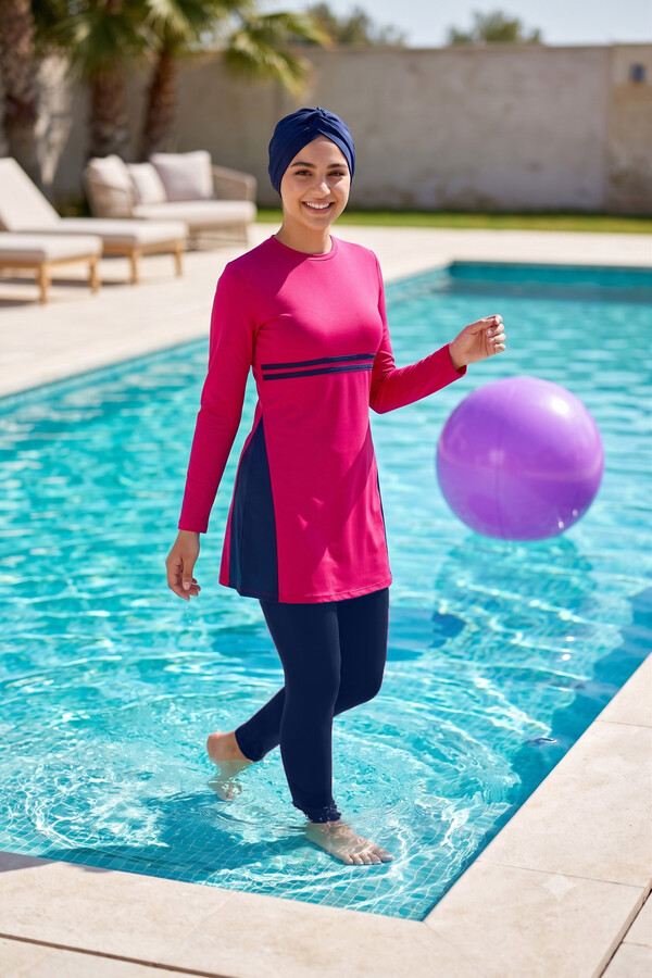 Young Lycra Fully Covered Hijab Swimsuit 1251-46 Fuchsia - Thumbnail