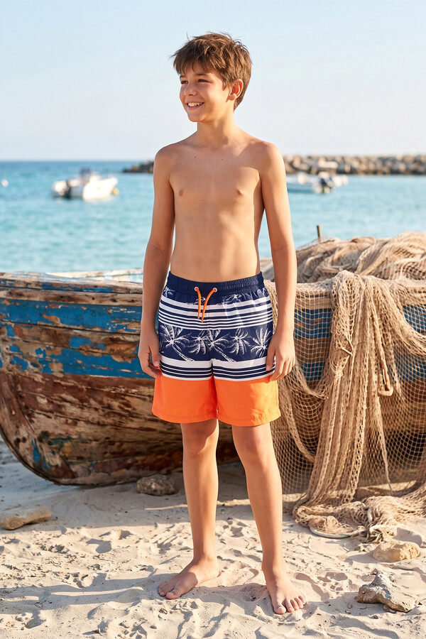 Youth Boys Swim Shorts in Teal and Orange Pattern - Thumbnail
