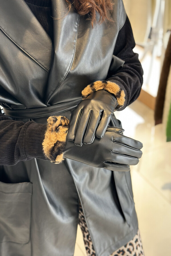 Remsa - Zebra Peluş Detay Kadın Deri Eldiven ELD-26 Siyah