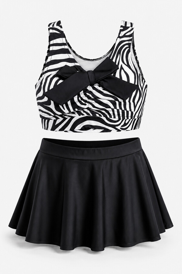 Haliç Mayo - Two-Piece Swimwear Set with Zebra Print Top and Black Skirt Bottom (1)