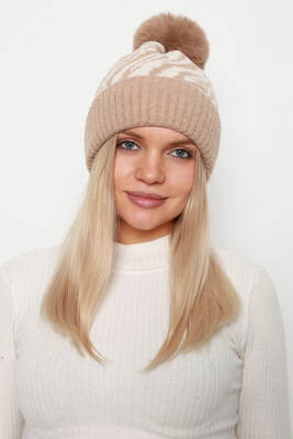 Remsa - Zebra Print Women's Beanie RKŞ-21 - Camel (1)