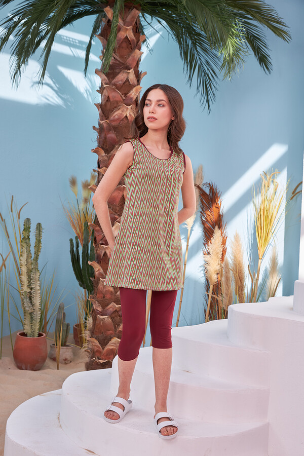 Remsa Swimwear Zero Sleeve Semi Covered Green Zigzag Swimsuit 720-122 Burgundy - Thumbnail