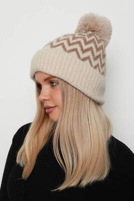 Remsa - Zigzag Pattern Women's Beanie RKŞ-19 - Beige