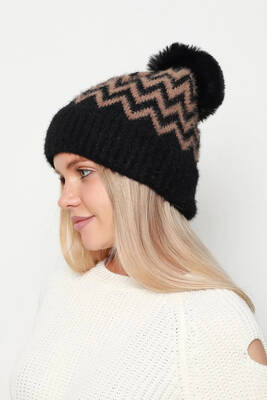 Remsa - Zigzag Pattern Women's Beanie with Pompon Detail RKŞ-19 - Black Brown
