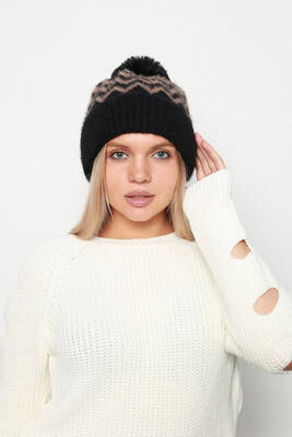 Remsa - Zigzag Pattern Women's Beanie with Pompon Detail RKŞ-19 - Black Brown (1)