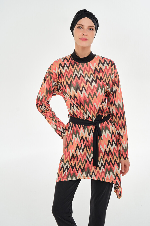 Zigzag Print Full-Cover Swimwear Set - Thumbnail