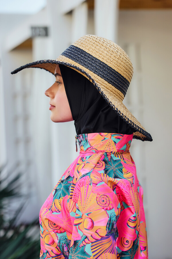 Zigzag Strip Detailing Woven Beach Hat RS - Thumbnail