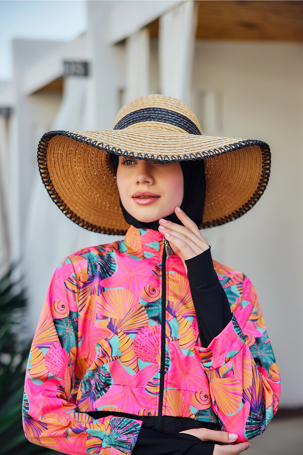 Zigzag Strip Detailing Woven Beach Hat RS - Thumbnail