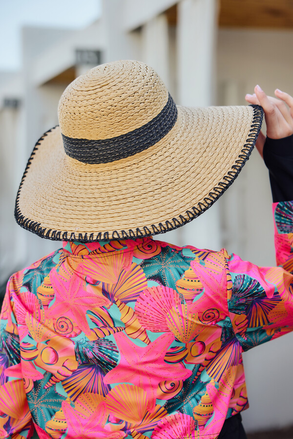 Zigzag Strip Detailing Woven Beach Hat RS - Thumbnail