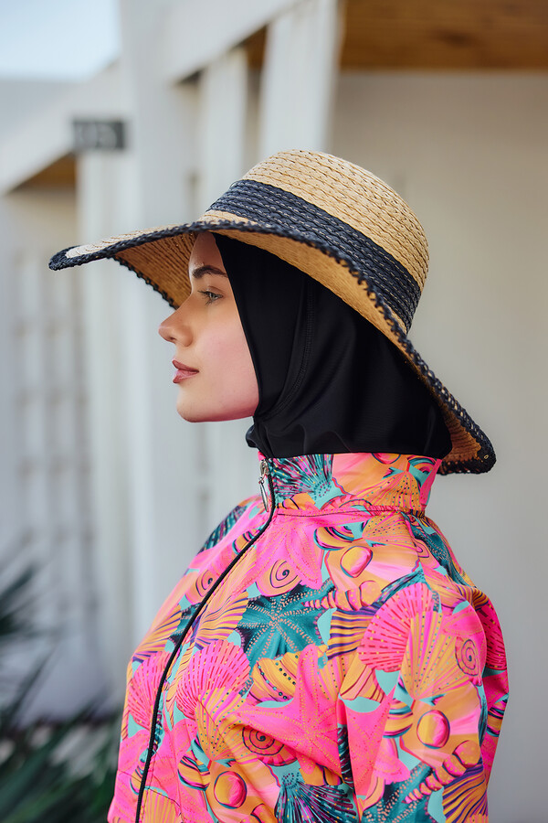 Zigzag Strip Detailing Woven Beach Hat RS - Thumbnail