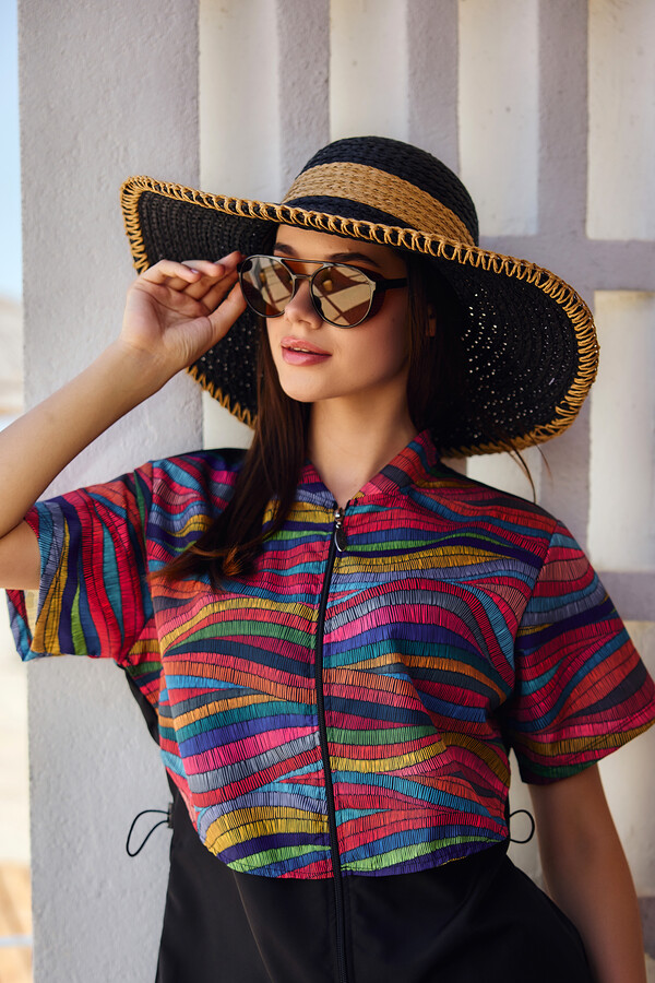 Zigzag Stripe Wide-Brim Beach Hat - Thumbnail