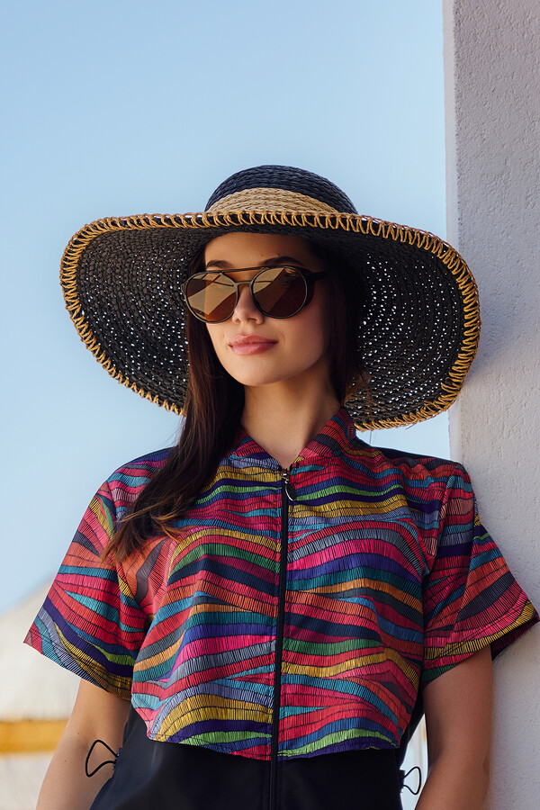 Zigzag Stripe Wide-Brim Beach Hat - Thumbnail