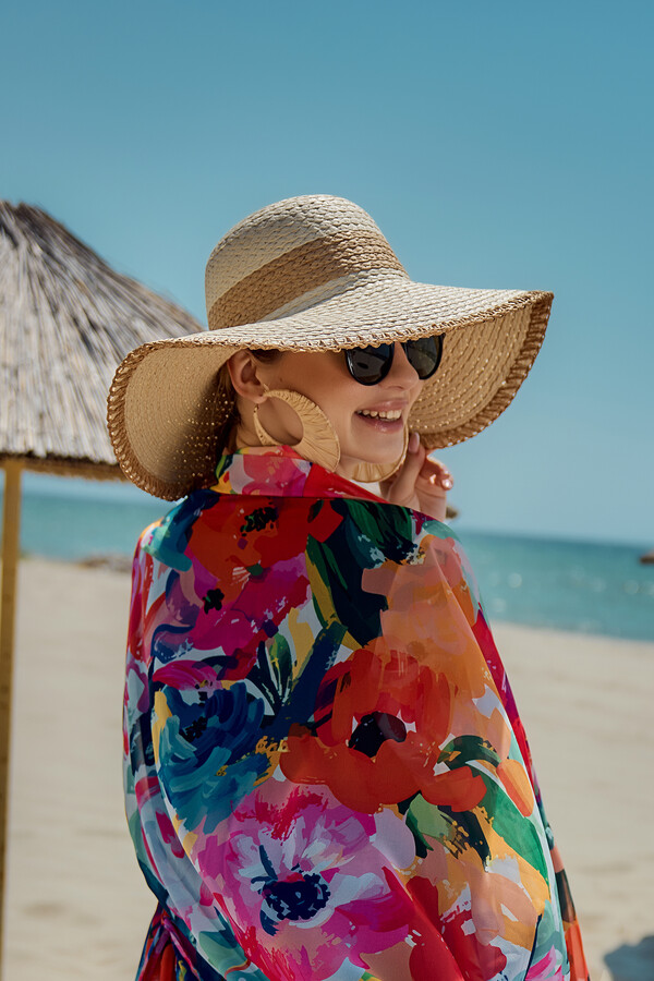 Zigzag Striped Woven Beach Hat - Thumbnail