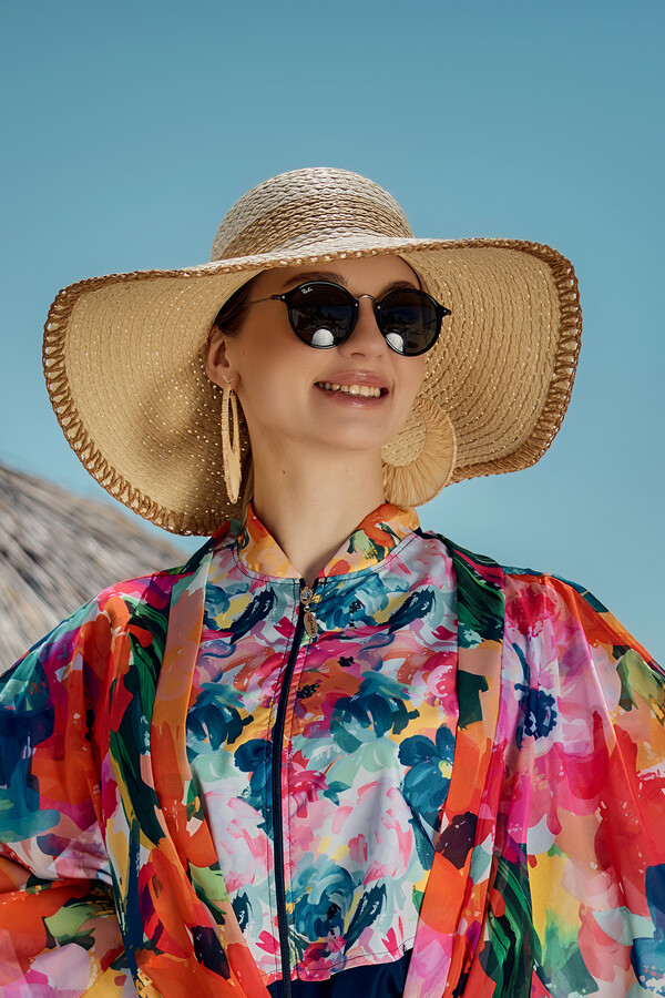 Zigzag Striped Woven Beach Hat - Thumbnail