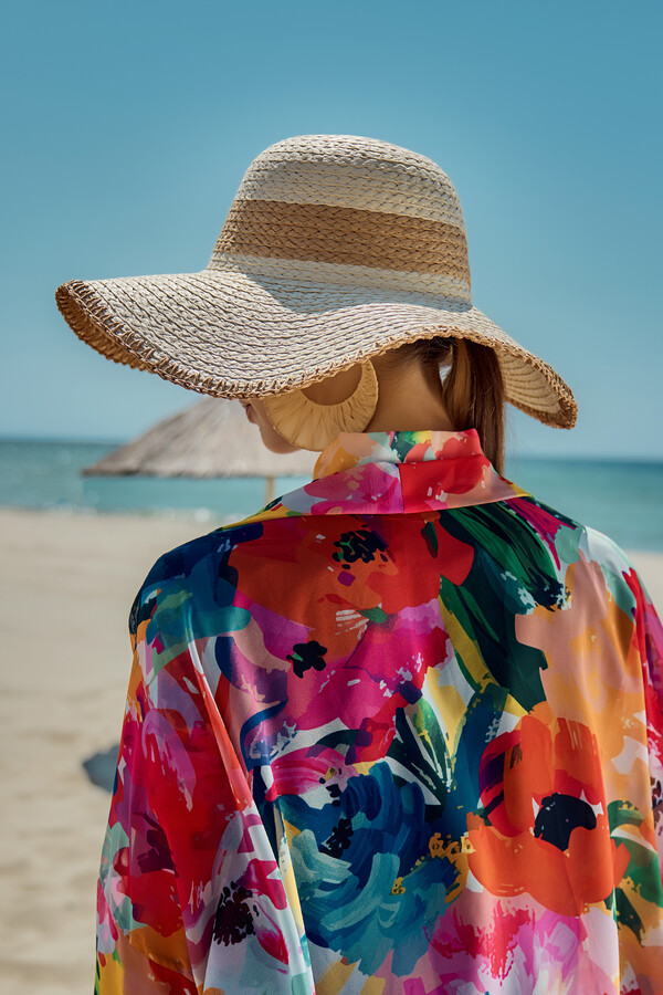 Zigzag Striped Woven Beach Hat - Thumbnail