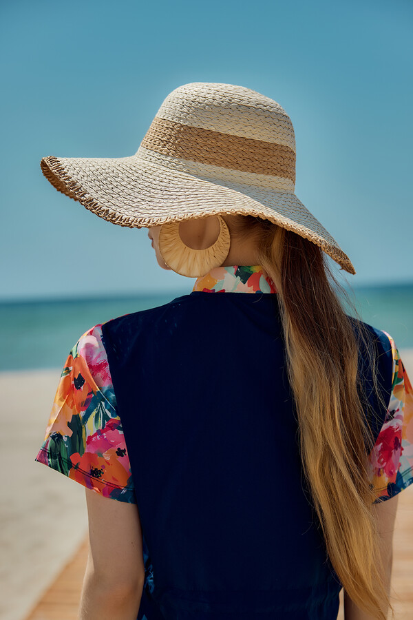 Zigzag Striped Woven Beach Hat - Thumbnail