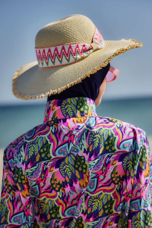 Zigzag Trimmed Straw Hat with Colorful Details RS- Beige - Thumbnail