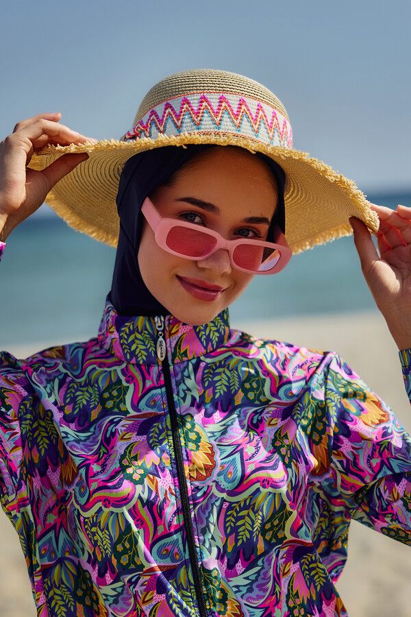 Zigzag Trimmed Straw Hat with Colorful Details RS- Beige - Thumbnail
