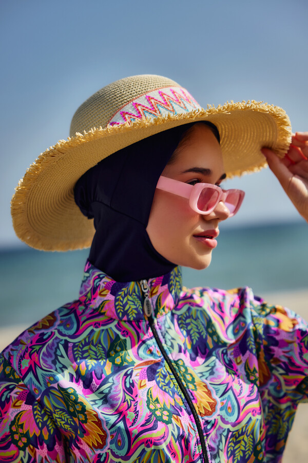 Zigzag Trimmed Straw Hat with Colorful Details RS- Beige - Thumbnail