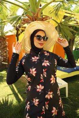 Remsa - Zippered Parachute Fully Covered Hijab Swimsuit with Red Leaves Remsa - Zippered Parachute Fully Covered Hijab Swimsuit with Red Leaves