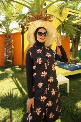 Remsa - Zippered Parachute Fully Covered Hijab Swimsuit with Red Leaves (1) Remsa - Zippered Parachute Fully Covered Hijab Swimsuit with Red Leaves (1)